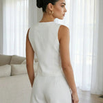White  V-Neck  Button Up Vest Shorts Knee Length Set