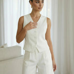 White  V-Neck  Button Up Vest Shorts Knee Length Set