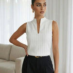 Elegant White Sleeveless Stand Collar V-Neck Textured Top