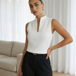 Elegant White Sleeveless Stand Collar V-Neck Textured Top