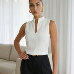 Elegant White Sleeveless Stand Collar V-Neck Textured Top