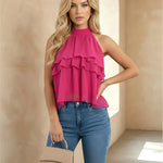 Halter Neck Ruffle Layered Chiffon Crop Top
