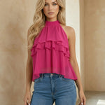 Halter Neck Ruffle Layered Chiffon Crop Top