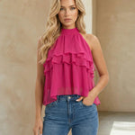 Halter Neck Ruffle Layered Chiffon Crop Top