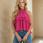 Halter Neck Ruffle Layered Chiffon Crop Top