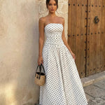 Elegant White Polka Dot Ruched Strapless Vacation Maxi Dress