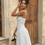 Elegant White Polka Dot Ruched Strapless Vacation Maxi Dress