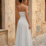 Elegant White Polka Dot Ruched Strapless Vacation Maxi Dress