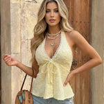 Yellow Elegant Tie-Front Halter Swiss Dot Lace Top