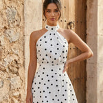 Elegant White Polka Dot Print Halter Neck Mini Dress