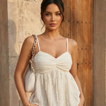 Elegant Beige Spaghetti Strap Ruched Textured Top