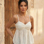 Elegant Beige Spaghetti Strap Ruched Textured Top