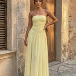 Elegant Yellow Ruched Bodice Flowy Maxi Dress