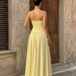Elegant Yellow Ruched Bodice Flowy Maxi Dress