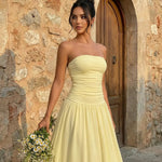 Elegant Yellow Ruched Bodice Flowy Maxi Dress