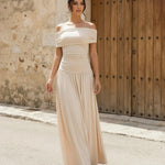 Elegant Beige Off Shoulder Ruched Bodice Maxi Dress