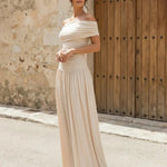 Elegant Beige Off Shoulder Ruched Bodice Maxi Dress
