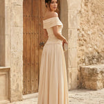 Elegant Beige Off Shoulder Ruched Bodice Maxi Dress