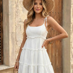 Elegant White Scoop Neck Ruffled Swiss Dot Textured Mini Dress