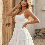 Elegant White Scoop Neck Ruffled Swiss Dot Textured Mini Dress