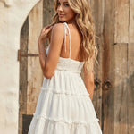 Elegant White Scoop Neck Ruffled Swiss Dot Textured Mini Dress