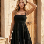 Chic Black Smocked Bodice Textured Fabric A-line Mini Dress