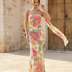 Elegant Yellow Floral Chiffon Slim Fit Neck Scarf Maxi Dress