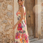 Elegant Yellow Floral Chiffon Slim Fit Neck Scarf Maxi Dress