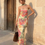 Elegant Yellow Floral Chiffon Slim Fit Neck Scarf Maxi Dress