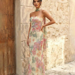 Apricot Floral Print Chiffon Strapless Maxi Vacation Dress