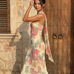 Apricot Floral Print Chiffon Strapless Maxi Vacation Dress