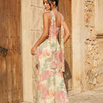 Apricot Floral Print Chiffon Strapless Maxi Vacation Dress