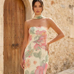 Apricot Floral Print Chiffon Strapless Maxi Vacation Dress