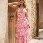 Elegant Pink Floral V-Neck Tiered Maxi Dress