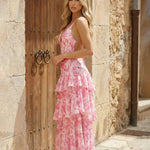 Elegant Pink Floral V-Neck Tiered Maxi Dress