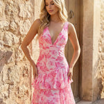 Elegant Pink Floral V-Neck Tiered Maxi Dress