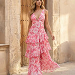 Elegant Pink Floral V-Neck Tiered Maxi Dress