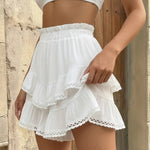 White Ruffled Layered Lace Trim High Waist Mini Skirt