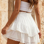 White Ruffled Layered Lace Trim High Waist Mini Skirt