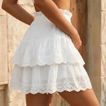 White Ruffled Layered Lace Trim High Waist Mini Skirt