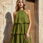 Elegant Green Tiered Chiffon Loose Fit Mini Dress