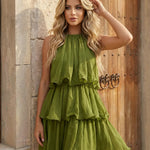 Elegant Green Tiered Chiffon Loose Fit Mini Dress