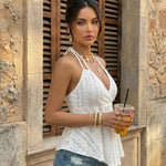 Sexy White Halter Backless Eyelet Lace Crop Top