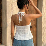 Sexy White Halter Backless Eyelet Lace Crop Top