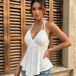 Sexy White Halter Backless Eyelet Lace Crop Top