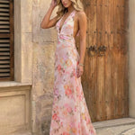 Elegant Pink Halter V-Neck Backless Maxi Dress