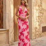 Elegant Floral Embroidered Halter Neck Bodycon Maxi Dress