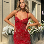Red Beaded Floral Embroidery Spaghetti Strap Bodycon Mini Dress