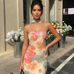 Cream Floral Print Halter Neck Strapless Bodycon Mini Dress