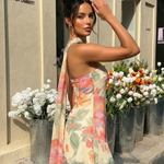 Cream Floral Print Halter Neck Strapless Bodycon Mini Dress